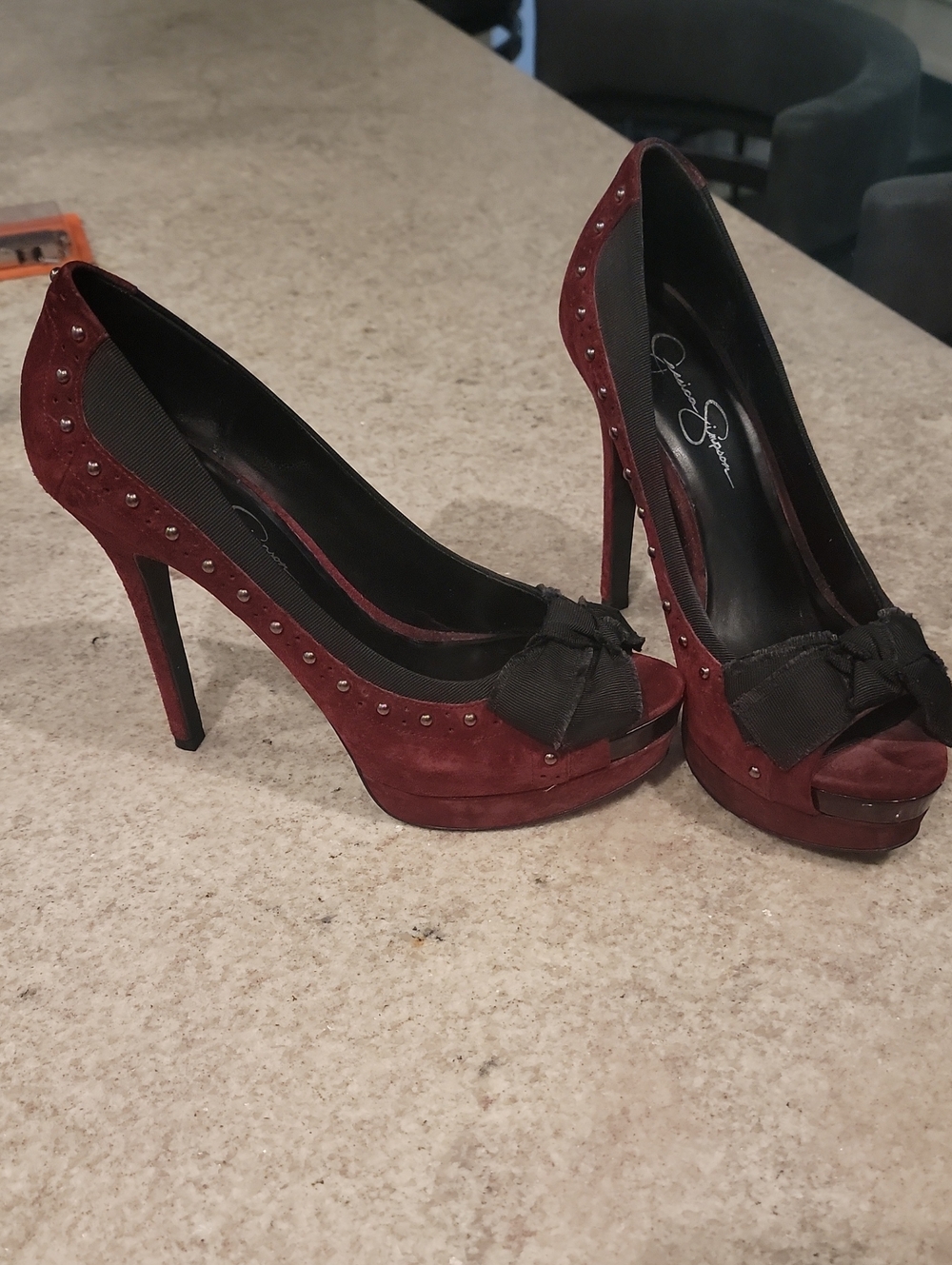 Jessica Simpson Burgundy Suede Peep-Toe Platform Pumps